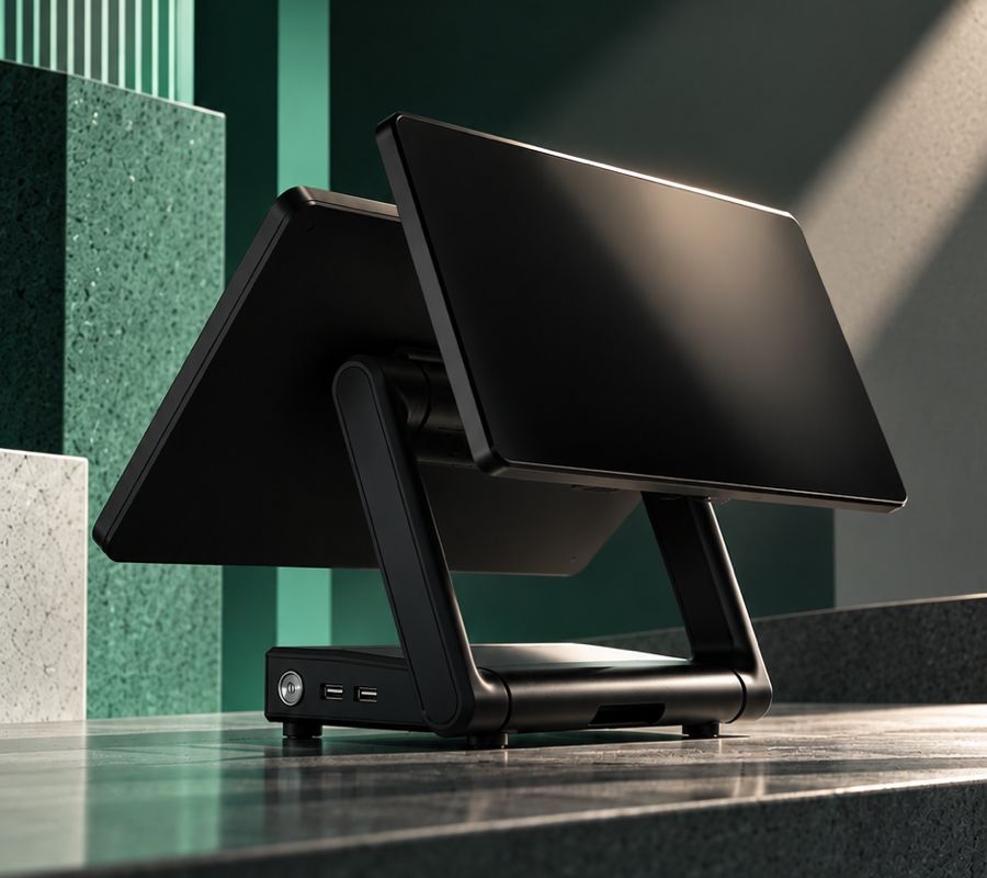 The OVA dual-screen POS terminal on a stone counter. The customer's screen faces the camera and the team's screen faces away.